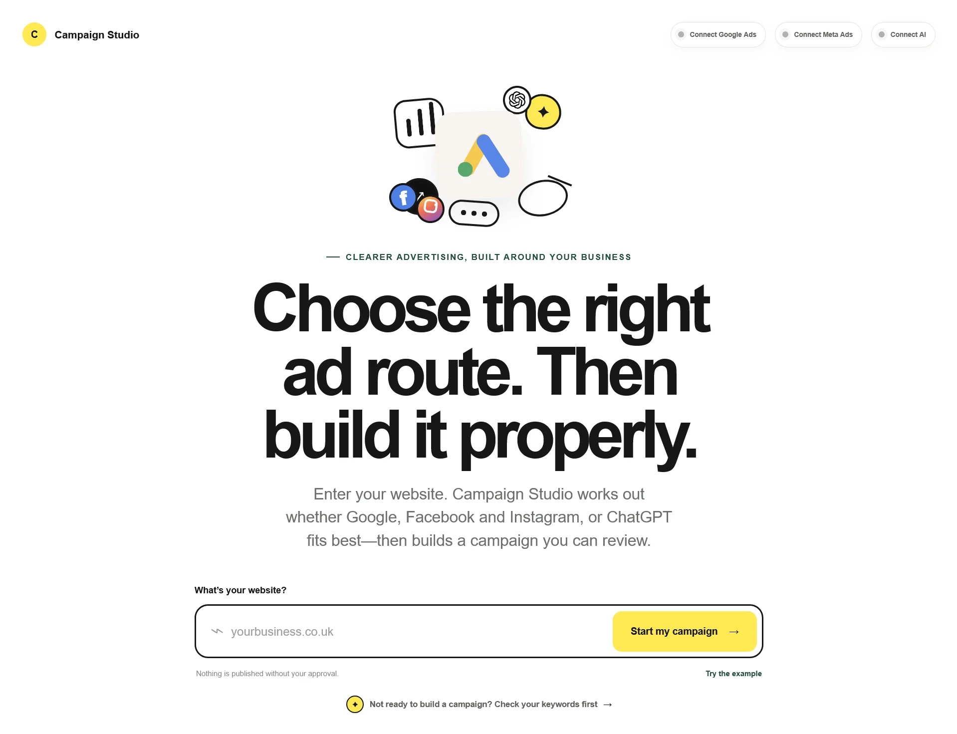 Campaign Studio comparing advertising routes for a business